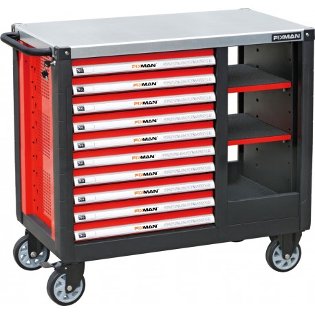 Stor verktygsvagn med 10 kullagrade lådor